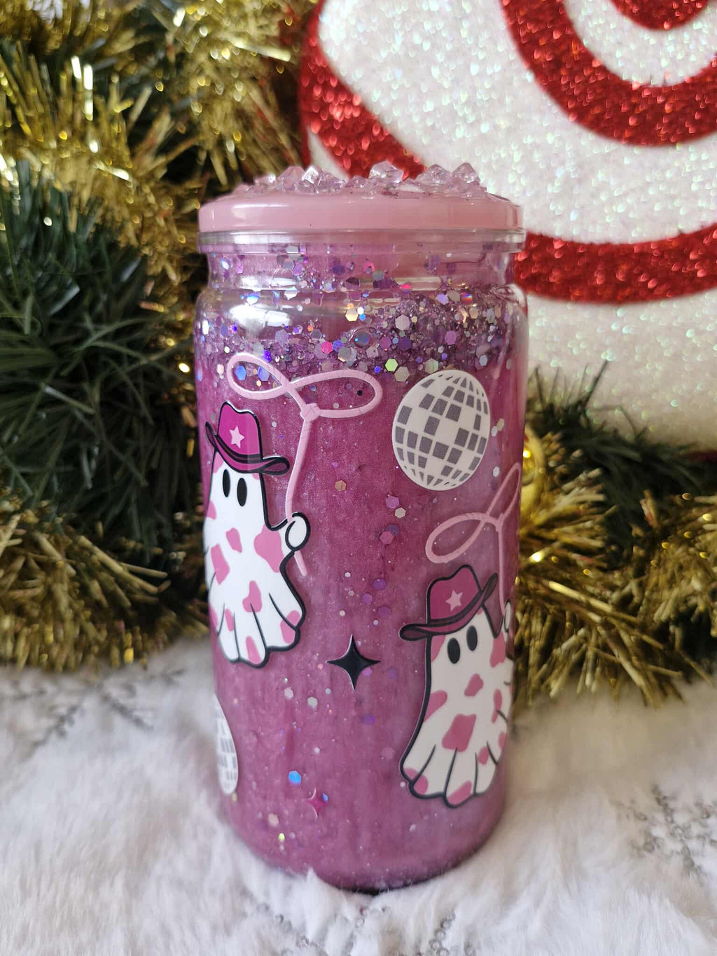 💗👻 Tumbler 470 ml – Fantômes Cowgirl Kawaii & Paillettes Roses ✨