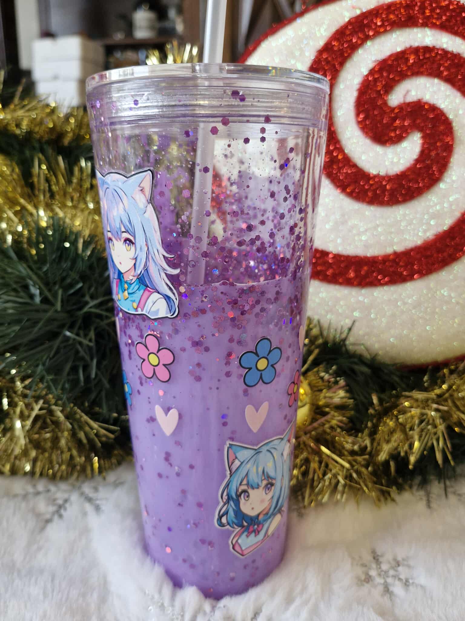 💜🌸 Grand Tumbler 700 ml – Neko Girl Kawaii & Paillettes Violettes ✨