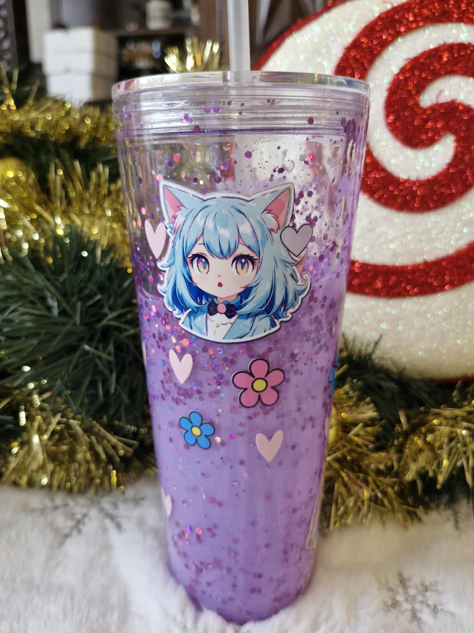 💜🌸 Grand Tumbler 700 ml – Neko Girl Kawaii & Paillettes Violettes ✨