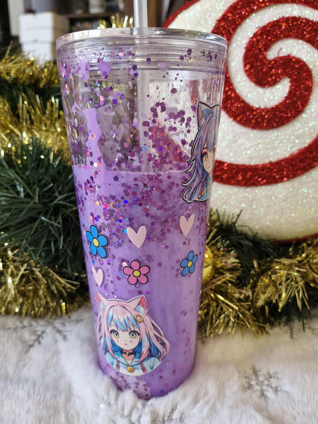 💜🌸 Grand Tumbler 700 ml – Neko Girl Kawaii & Paillettes Violettes ✨