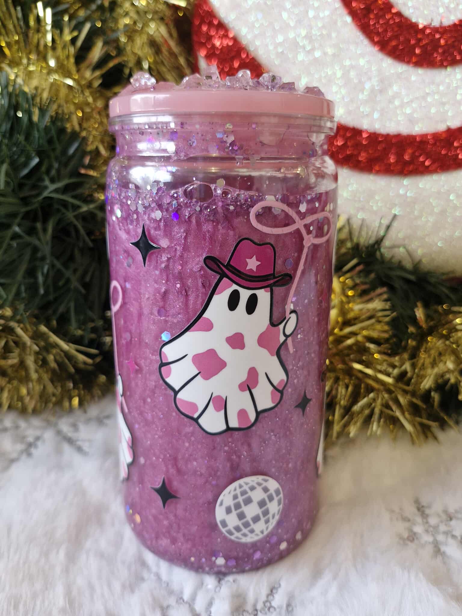 💗👻 Tumbler 470 ml – Fantômes Cowgirl Kawaii & Paillettes Roses ✨