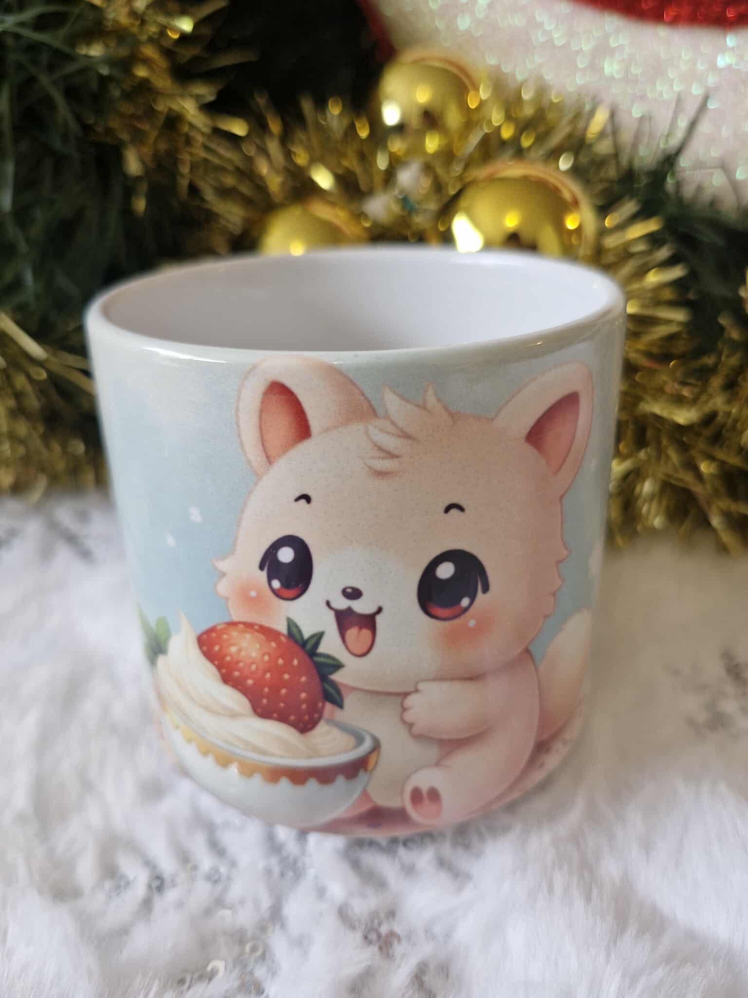 🦊🍓 Mini Mug 295 ml – Petit Renard Kawaii & Dessert Fraise ✨