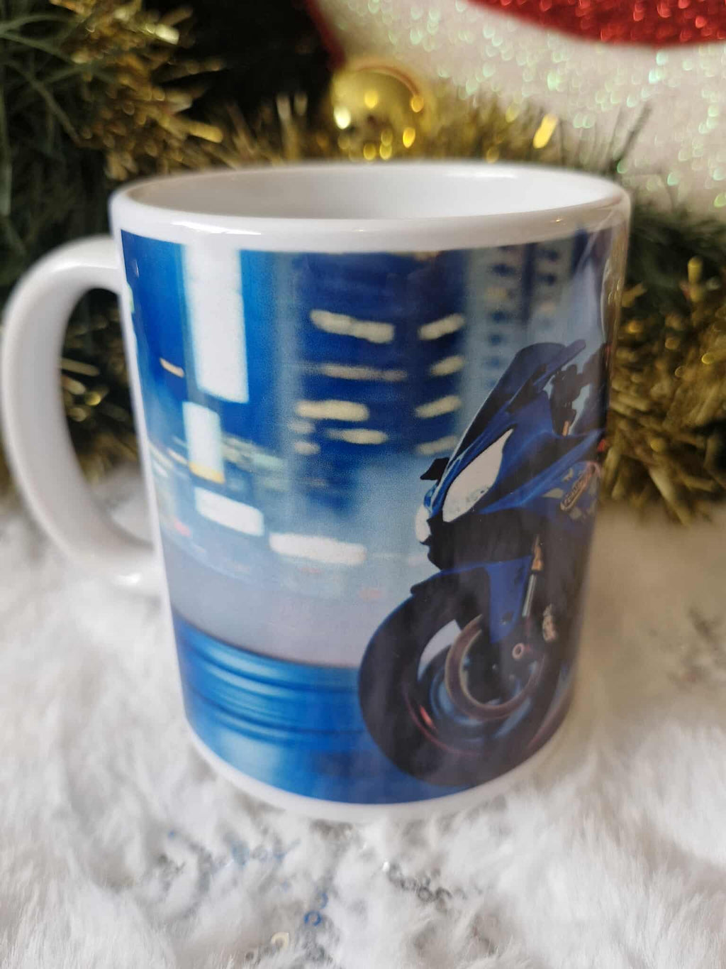 🏍️🔥 Mug Blanc Standard – Moto Sportive Bleu Nuit